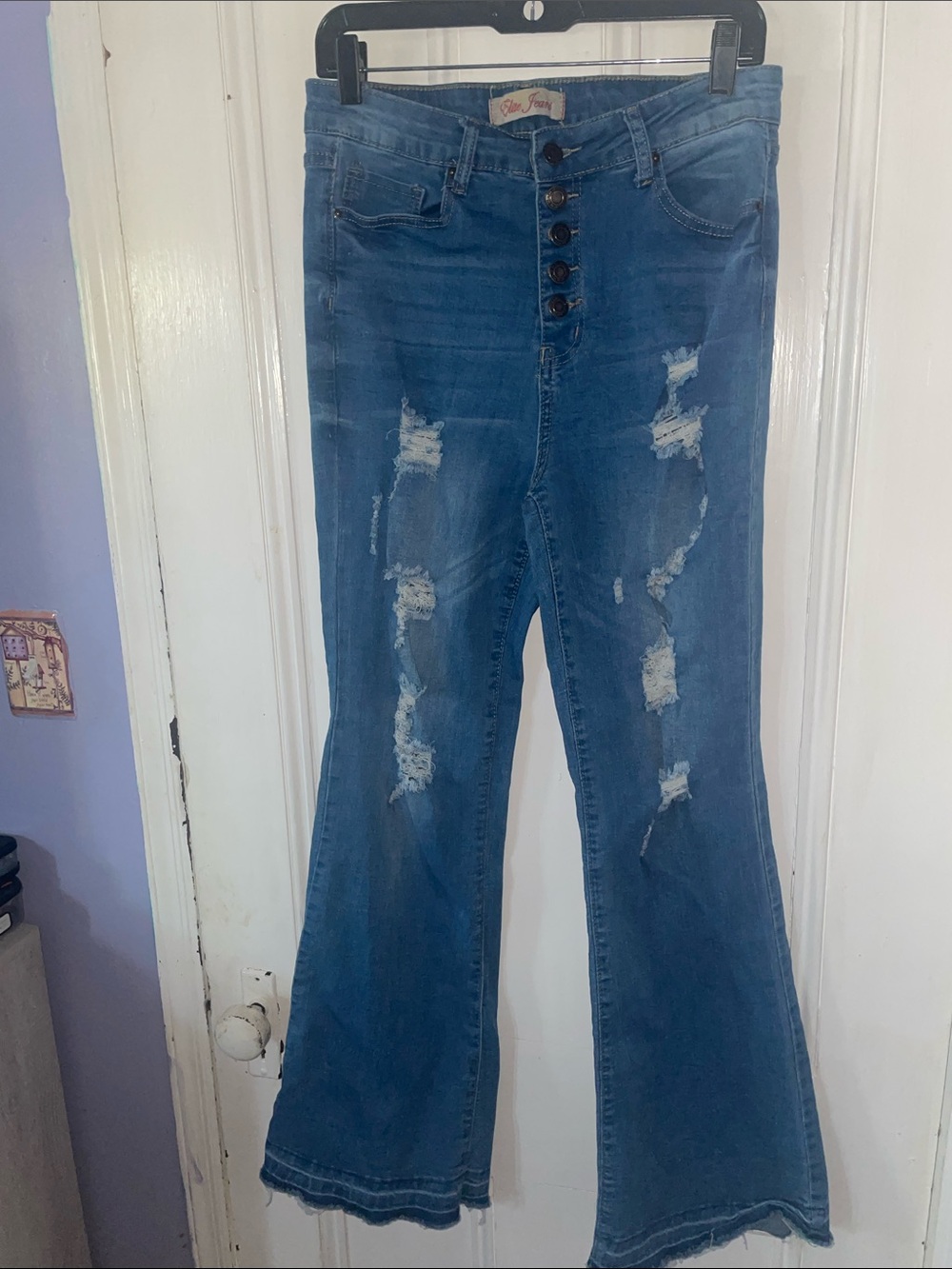 Button-Front Distressed Wide Leg Jeans - Blue